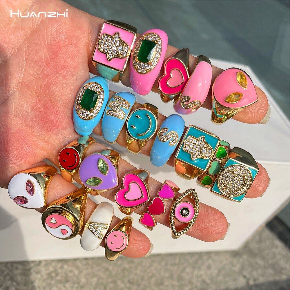 HUANZHI 2021 New Colorful Glaze Enamel Rings Metal Rhinestone Letter Love Ring Geometry Irregular... | AliExpress (US)