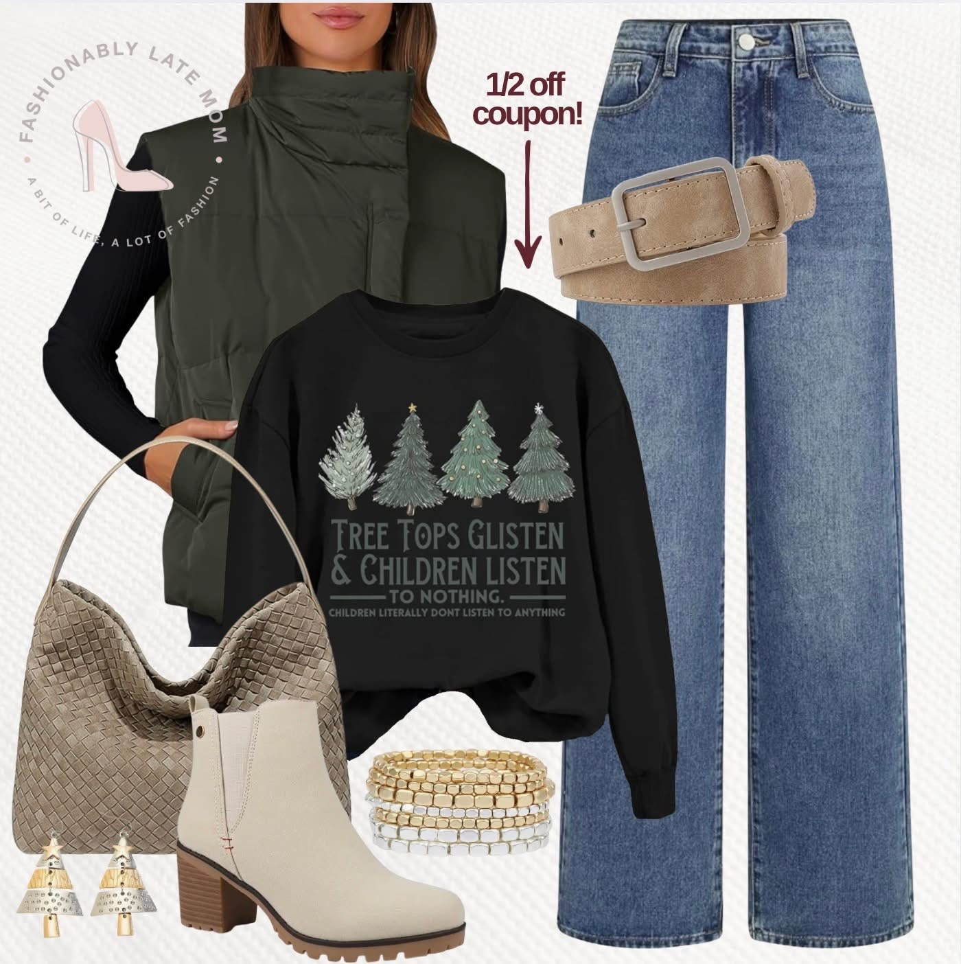 Holiday inspired outfits. 

Fashionablylatemom. 
Holiday sweater. 
Womens clothing. 
Womens crewneck. 
Womens vest. 
Green vest. 
Sleeveless puffer vest. 
Womens denim. 
Blue jeans. 
Wide leg jeans. 
Ankle booties. 
Block heel. 
Womens shoes. 
Womens boots. 
Slip on boots. 
Christmas tree earrings. 
Gold jewelry. 
Silver details. 
Gold bracelet. 
Silver bracelet. 
Nugget multi-strand bracelet. 
Woven shoulder bag. 
Womens purse. 
Suede purse. 
Womens belt. 
Brown belt. 
Suede belt. 
Leather belt. 
Trendy outfits. 
Xmas outfits. 
Holiday graphic tee  

#LTKSeasonal #LTKShoeCrush #LTKStyleTip