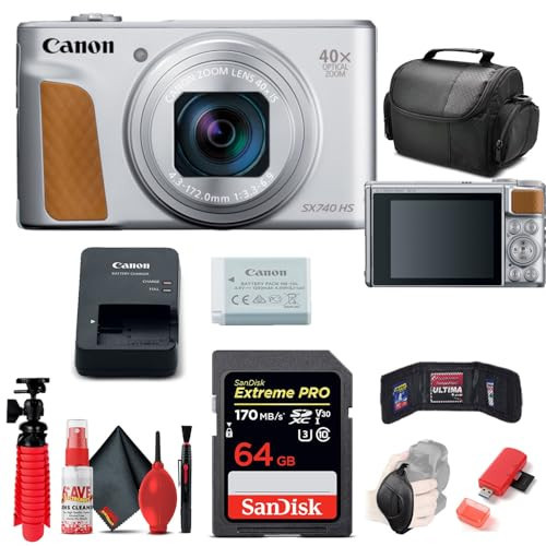 Canon PowerShot SX740 HS Digital Camera (Silver) (2956C001) + 64GB Memory Card + Card Reader + Deluxe Soft Bag + Flex Tripod + Hand Strap + Memory Wallet + Cleaning Kit (Renewed) | Amazon (US)
