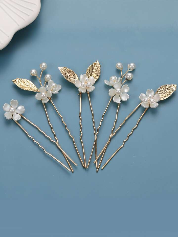 5pcs Women's Handmade Elegant Golden Pearls Flower & Leaf Hairpins For Bride Wedding Party | SHEIN