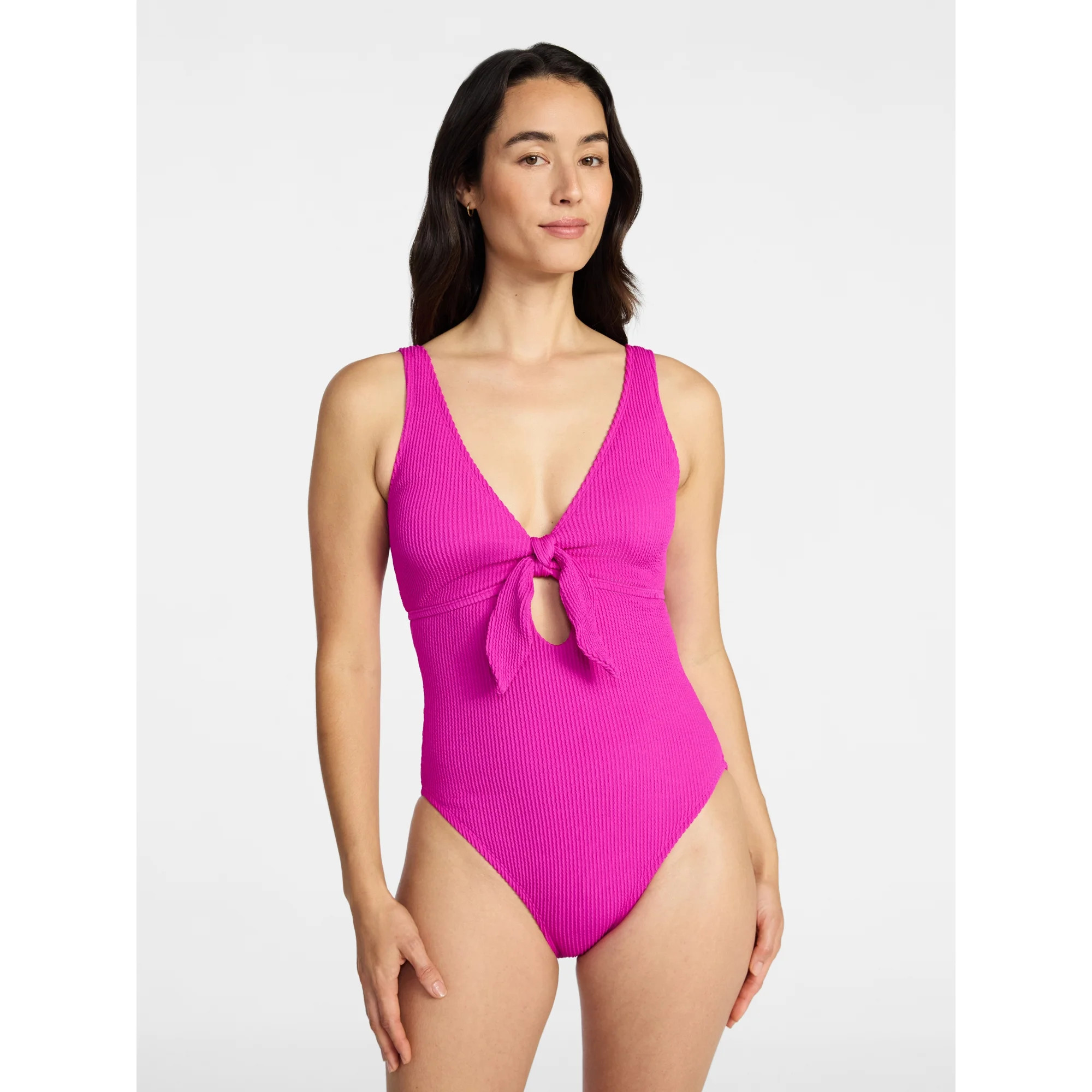 Time and Tru Women's and Women's Plus Size Crinkle Plunge Tie Front One Piece Swimsuit, Sizes XS-... | Walmart (US)
