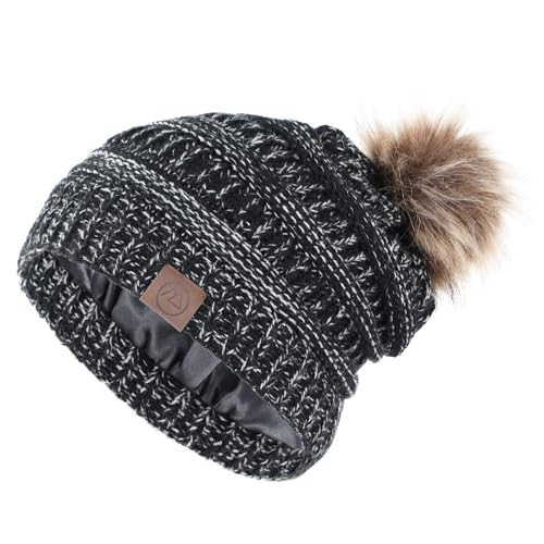 Satin Lined Beanie Winter Hats Silk Lining for Women Silk Lined Hat Slouchy Beanie with Pom Black & Grey | Amazon (US)