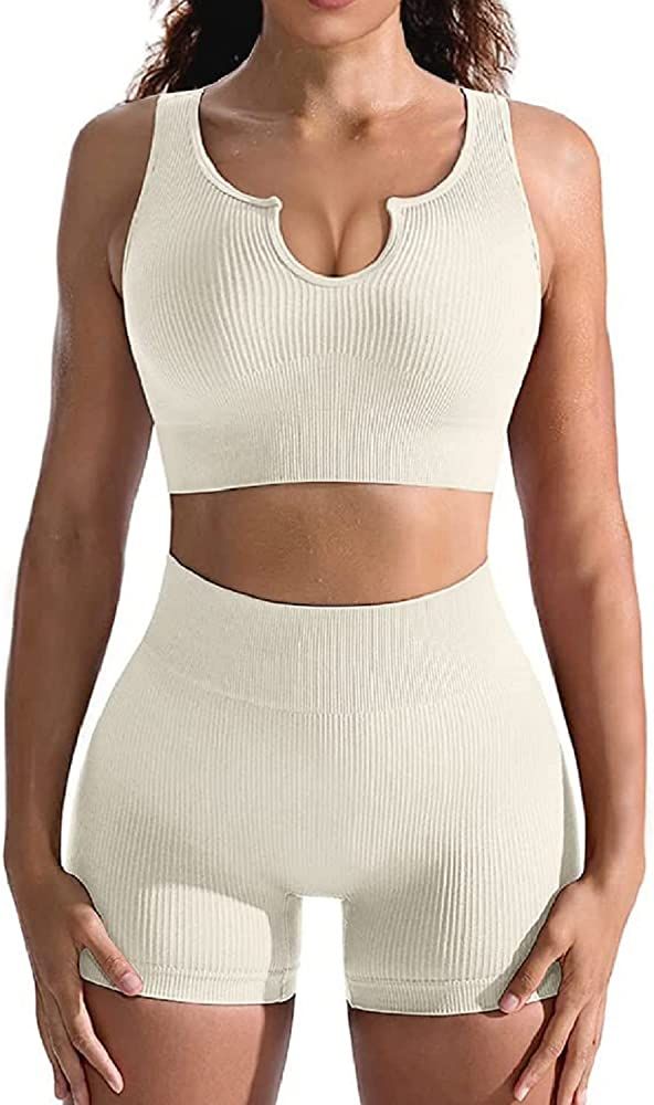 2 Piece Seamless Yoga Gym Outfits for Women, Sexy Ribbed Two Pieces Workout Sets | Amazon (US)