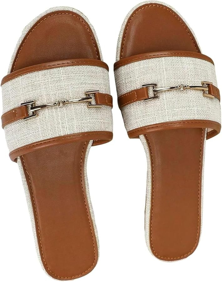 GORGLITTER Women's Flat Sandals Leather Open Toe Metal Chain Summer Dressy Sandals | Amazon (US)