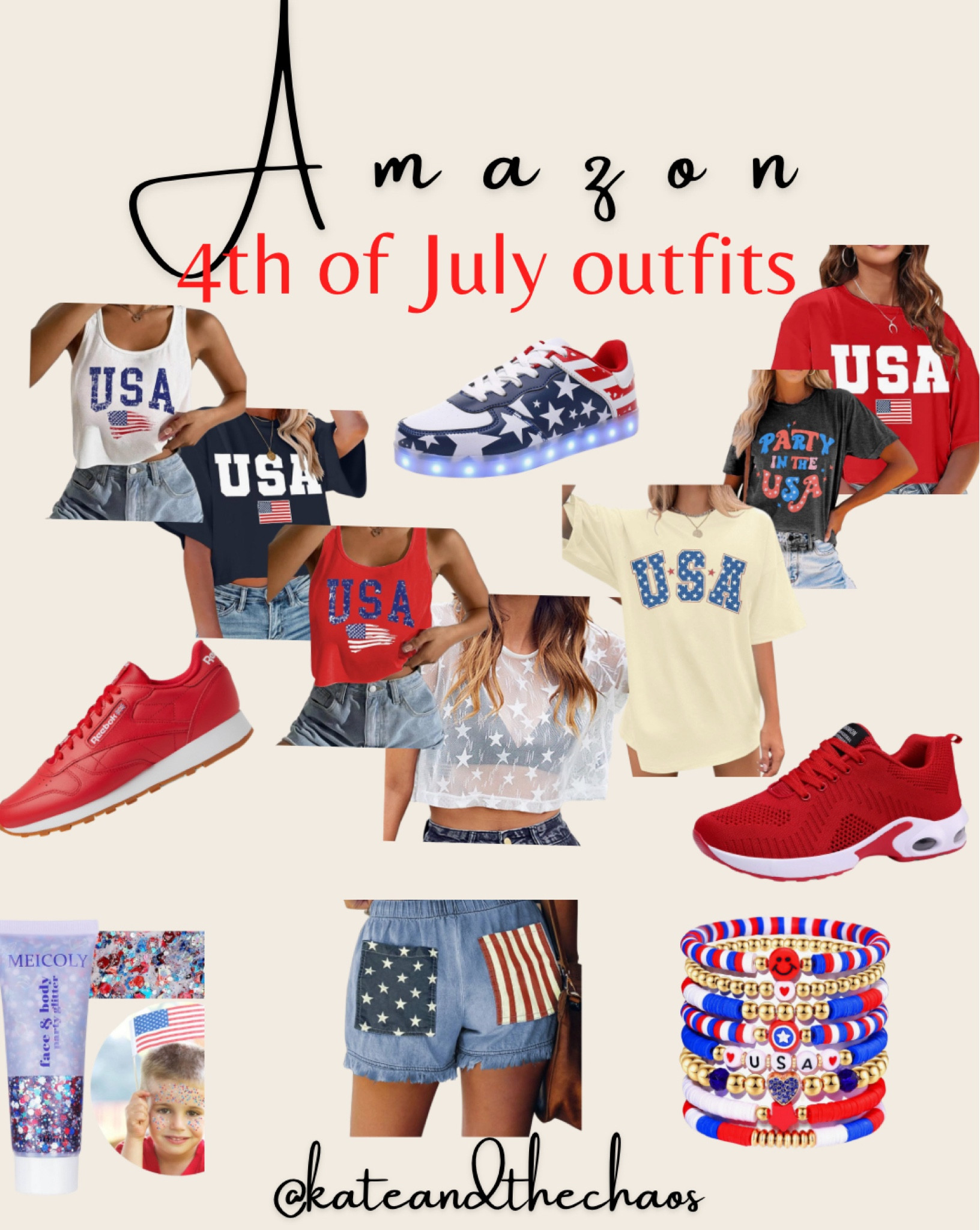 4th of July outfits for women - Amazon! Patriotic shirts + shorts. Patriotic shoes. Light up shoes for women. Face glitter. Stackable bracelets  

#LTKSeasonal #LTKShoeCrush #LTKSaleAlert