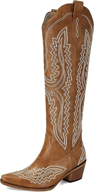 SOVANYOU Cowboy Boots for Women Brown Knee High Boots Almond Toe Chunky Heel Cowgirl Boot Country... | Amazon (US)
