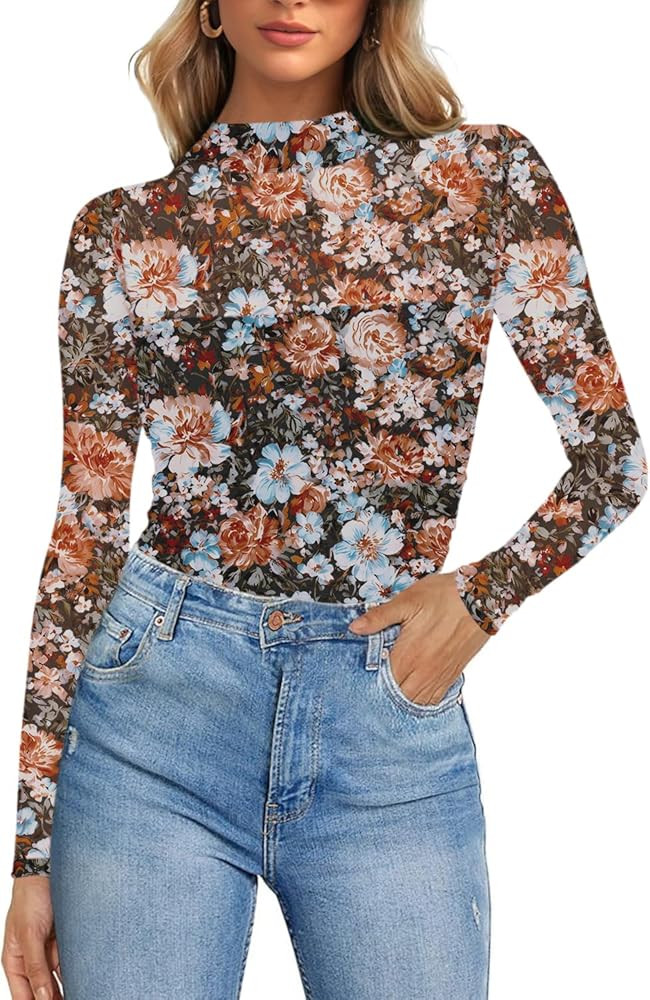 Poetsky Womens Sexy Mock Turtle Neck Mesh Long Sleeve Tops Ruched Going Out Shirt Blouse | Amazon (US)