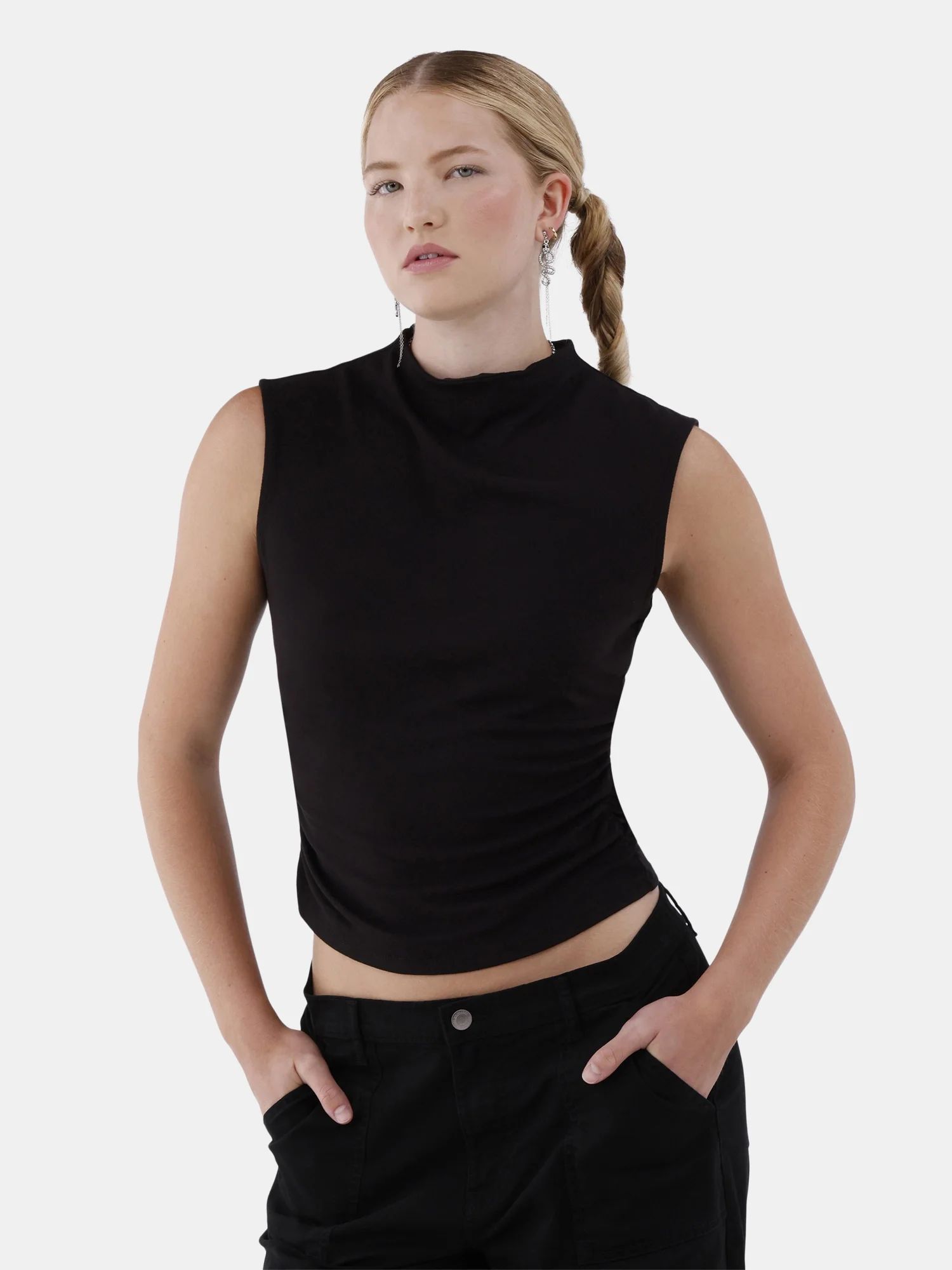 No Boundaries Funnel Neck Ruched Tee, Women’s and Women's Plus | Walmart (US)