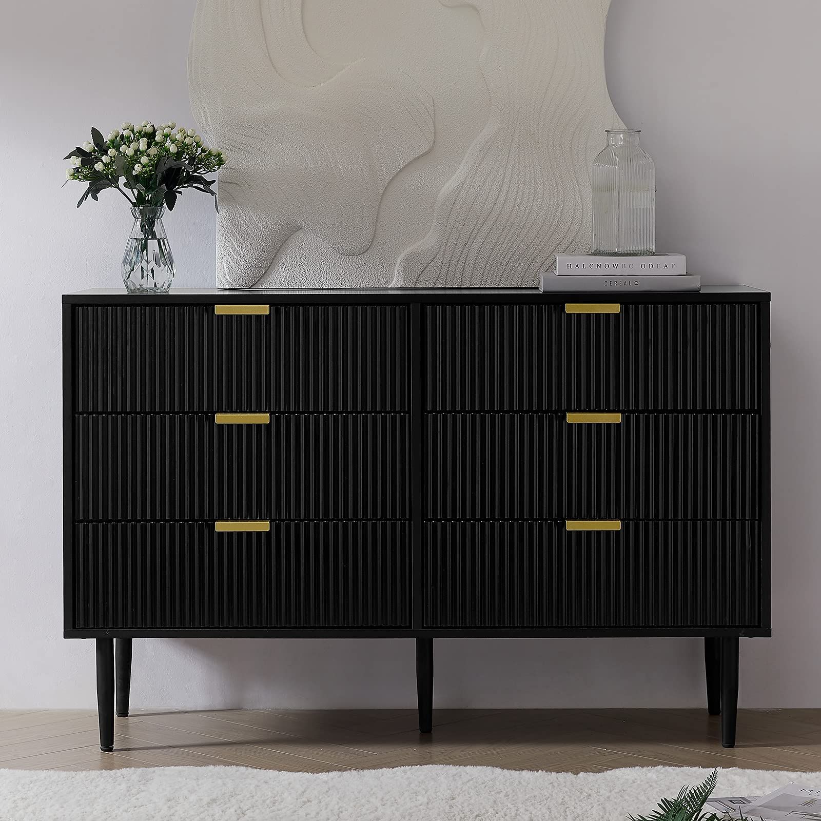 Okvnbjk Black Dresser for Bedroom, Modern 6 Drawer Dresser with Metal Handles, Small Wood Dresser Ch | Amazon (US)
