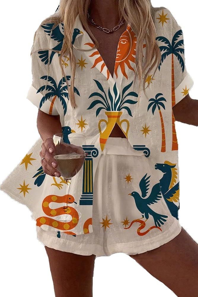 2 Piece Short Sets for Women Summer Boho Short Seeve Botton Down Shirts Matching Shorts Set Beach... | Amazon (US)
