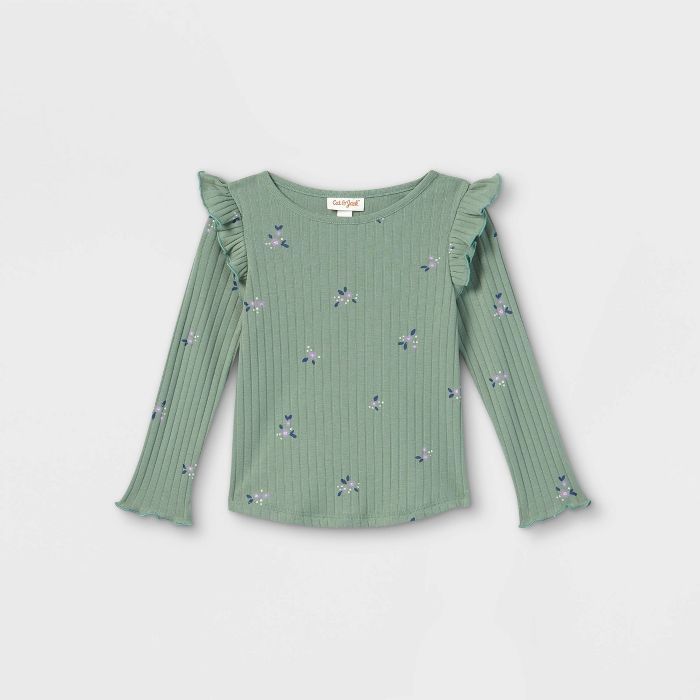 Toddler Girls' Floral Rib Long Sleeve T-Shirt - Cat & Jack™ Army Green | Target