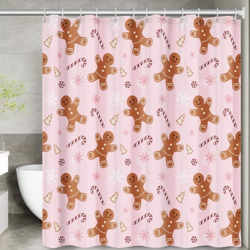 Christmas Shower Curtain Set: Pink Cute Gingerbread Man Candy Cane Bathroom Shower Curtain with Hooks, Winter Merry Christmas Fabric Bath Shower Curtain for Bathroom Decorations Home Indoor Decor | Amazon (US)