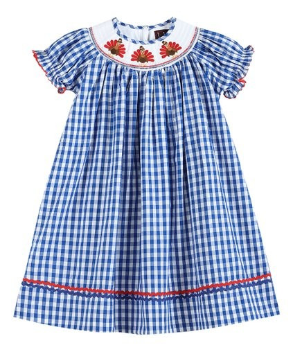 Dark Blue Gingham Turkey Smocked Bishop Dress - Infant, Toddler &amp; Girls | Zulily