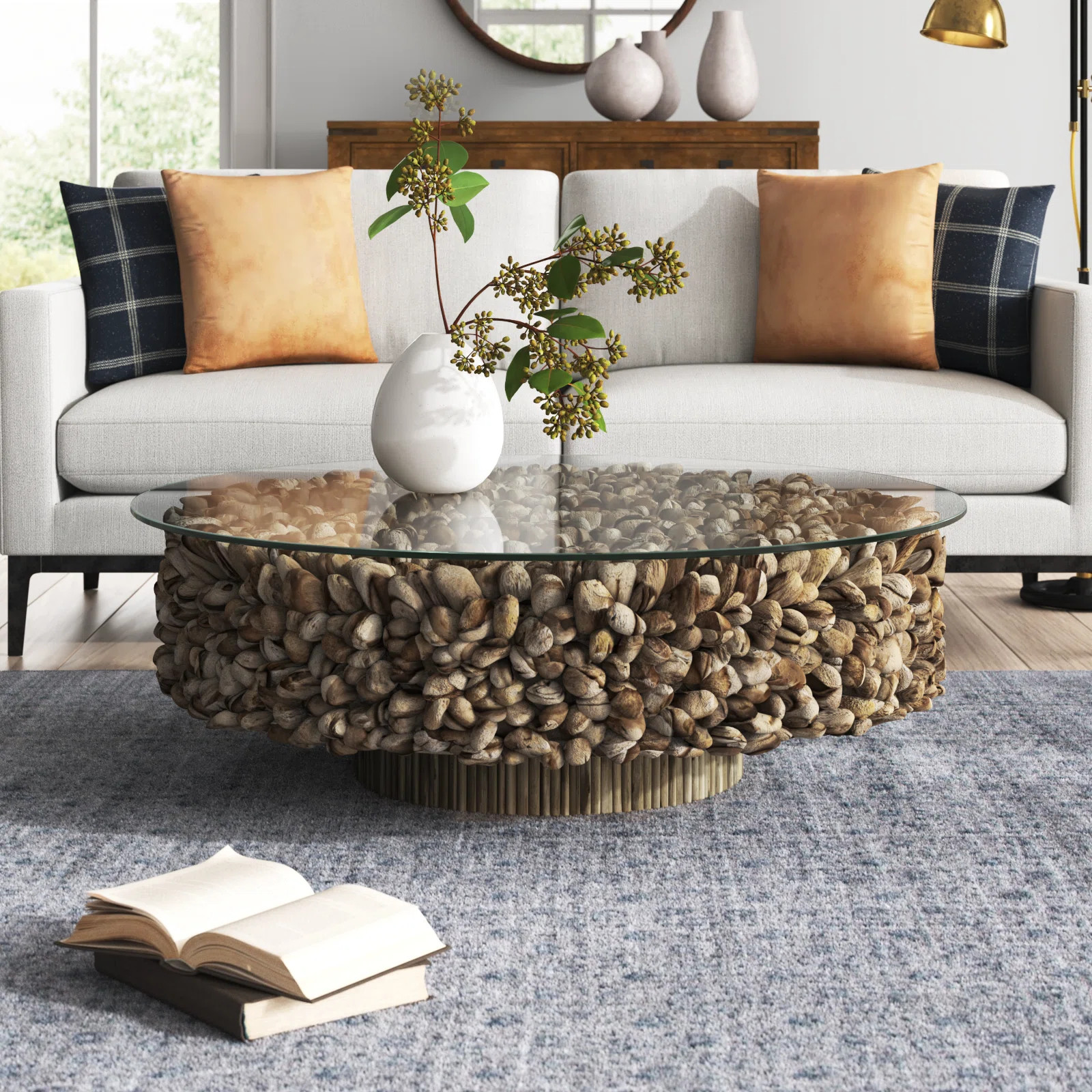 Driftwood Handmade Collage and Pedestal Base Living Room Coffee Table with Tempered Glass Top | Wayfair North America