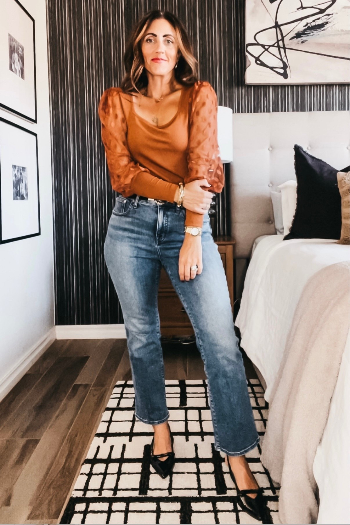 Fall outfit idea! 🍂🍁🍂 jeans and a cute top!

- jeans - sized up one to a 28
- mesh sleeve blouse - size small 

Amazon, Amazon fashion, Madewell jeans, fall outfit idea, fall outfit inspo, casual style 

#LTKFindsUnder50 #LTKOver40 #LTKSaleAlert