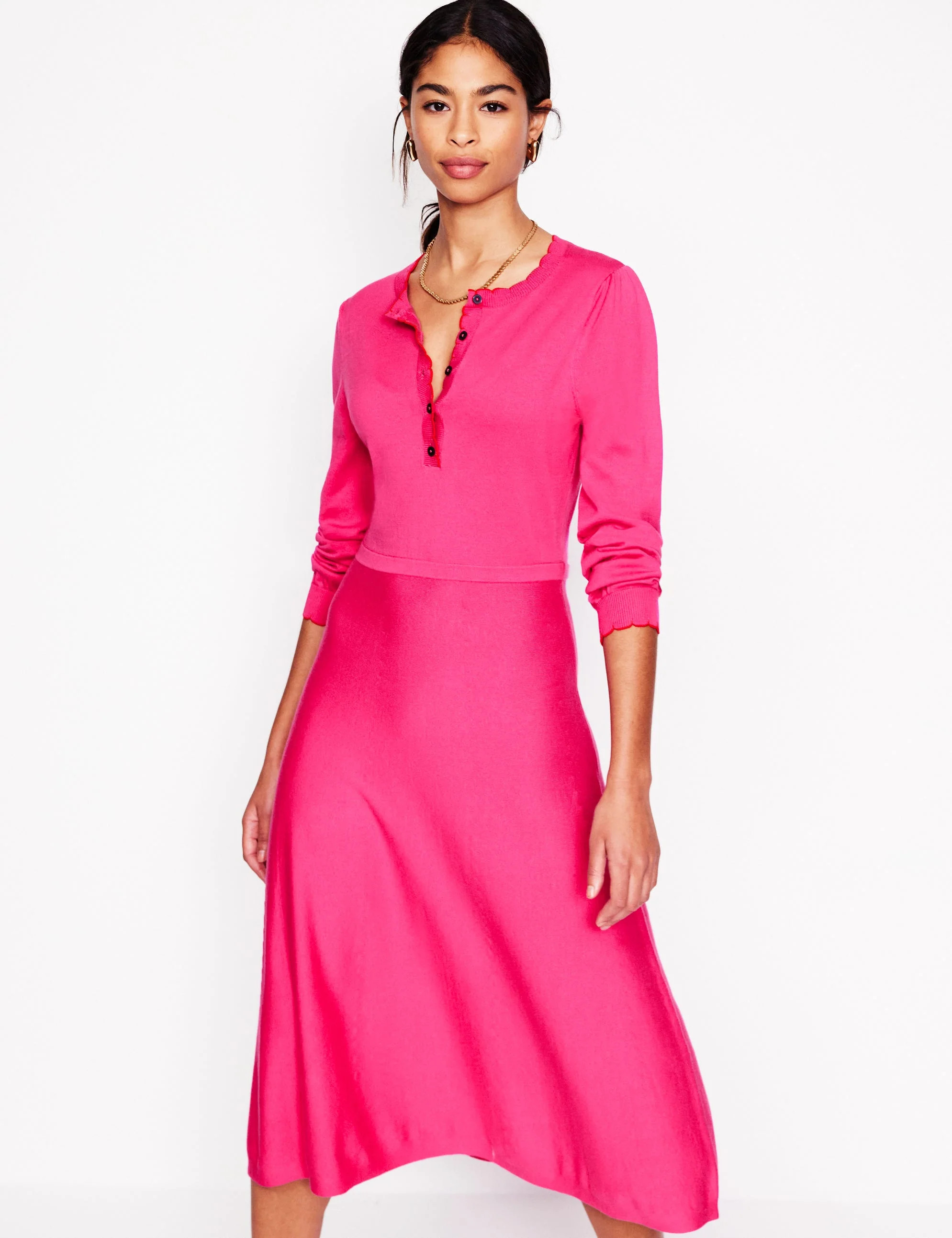 Scallop Henley Knitted Dress-Pink Peony | Boden UK