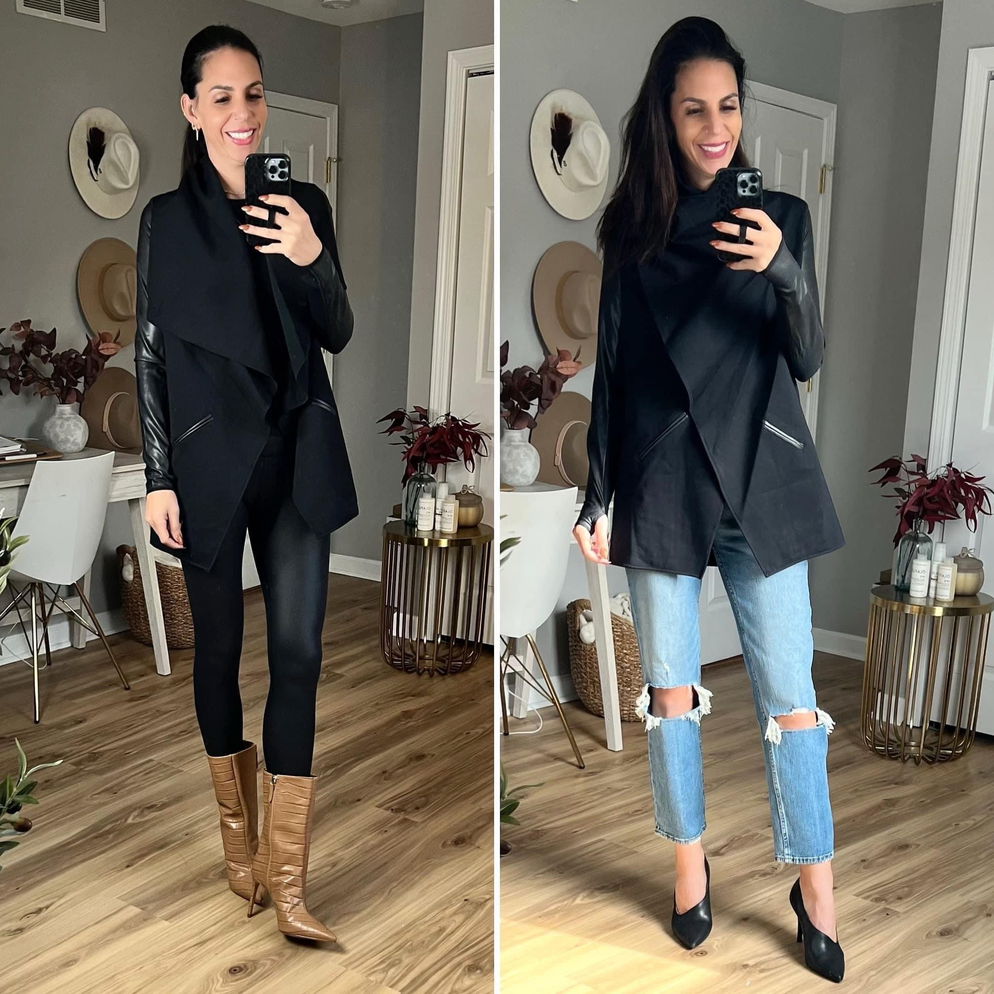This Spanx faux leather drape from jacket has always been favorite. It’s 40% off today!  I am wearing a small. I paired it with faux leather leggings and my favorite pair of Abercrombie denim! 

My code for spanx: BALANCEDSTYLEXSPANX 
#ltkfindsunder100 #ltkworkwwear

#LTKover40 #LTKsalealert #LTKU