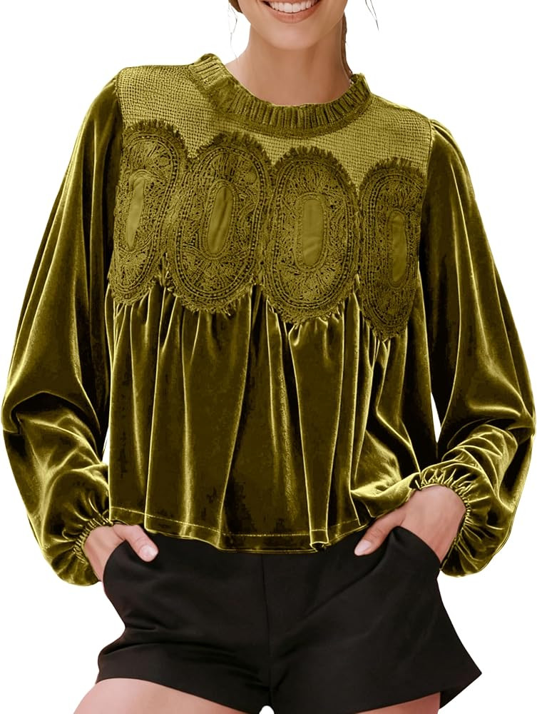 Gozoloma Women's Long Sleeve Velvet Trim Lace Blouse | Amazon (US)