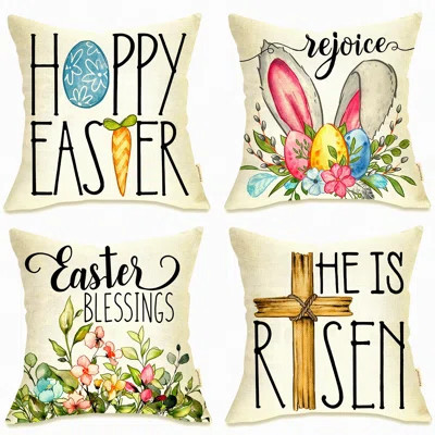 Easter Blessings Decorative Pillow Cover Set - Religious Rejoice Rabbits Outdoor Pillowcase - He is Risen Cross Floral Cushion Case - Happy Eggs Bunny | Wayfair North America