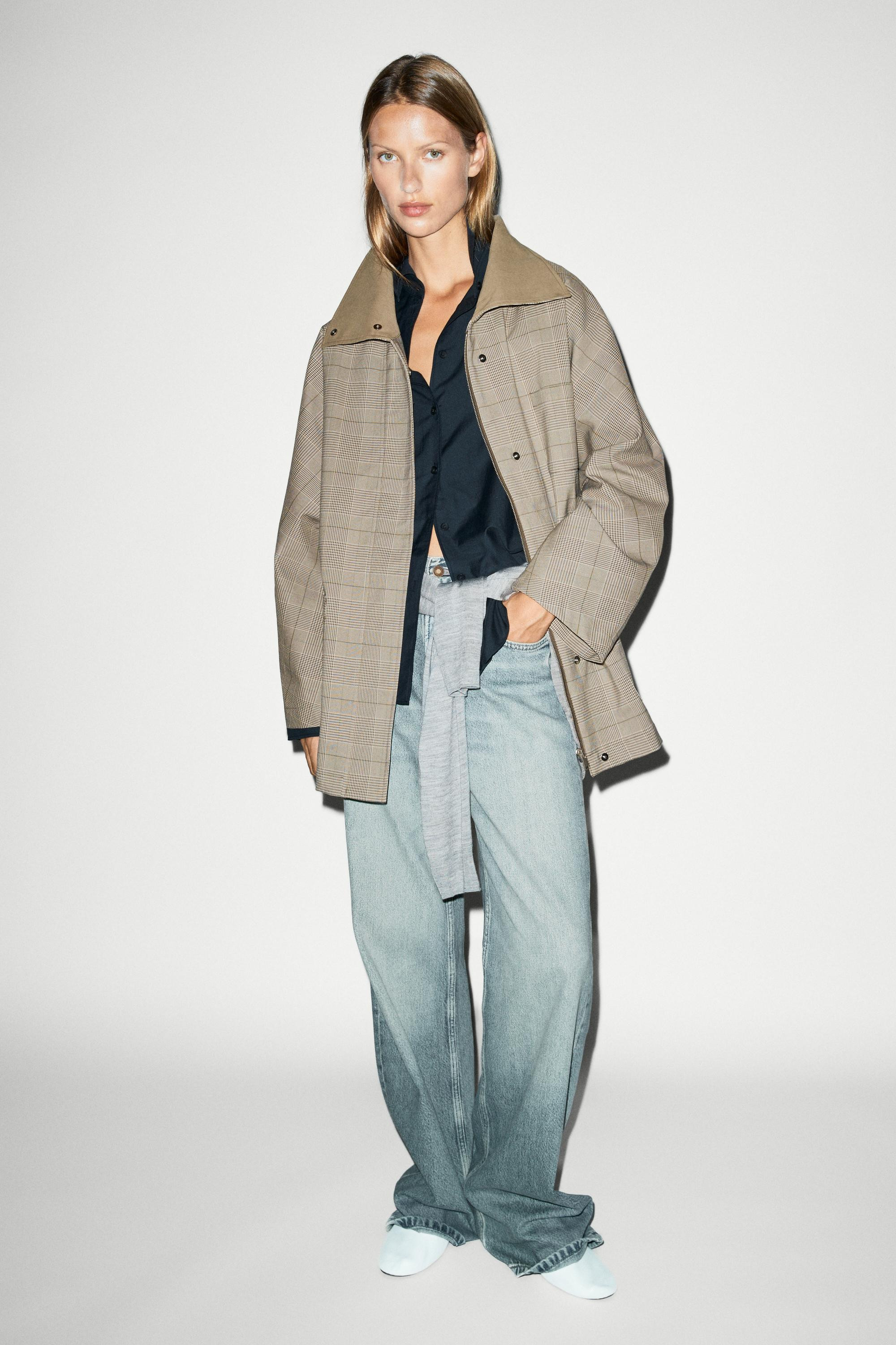 Cotton blend plaid high neck jacket | Massimo Dutti UK