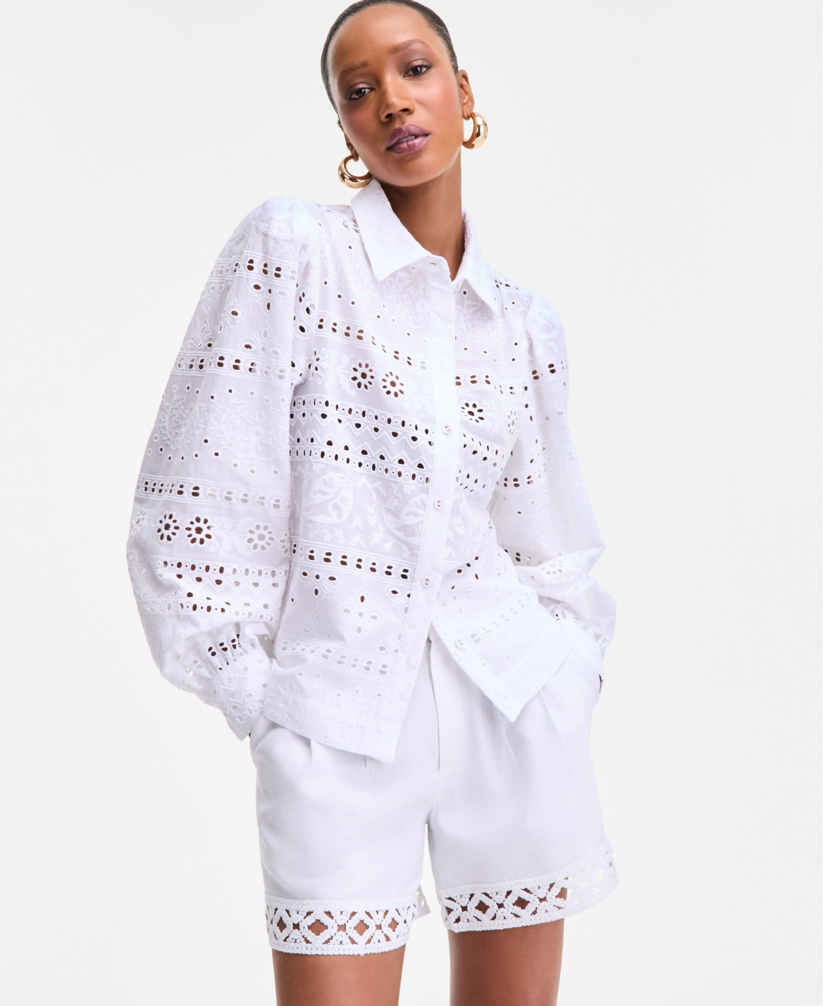 I.n.c. International Concepts Women's Cotton Eyelet Blouson-Sleeve Blouse, Exclusively at Macy's ... | Macy's