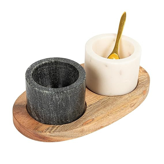 Creative Co-Op 2 Marble Bowls on Mango Wood Base with Salt Spoon | Amazon (US)