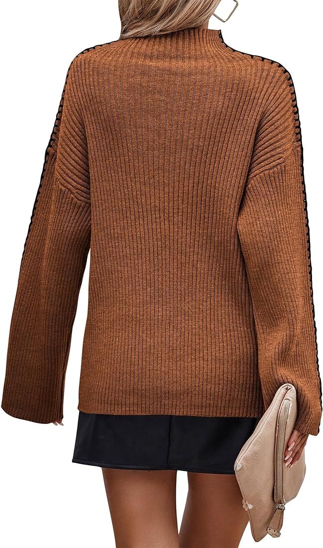 KIRUNDO Women's 2024 Fall Mock Neck Long Sleeve Ribbed Knit Contrast Stitching Oversized Chunky S... | Amazon (US)