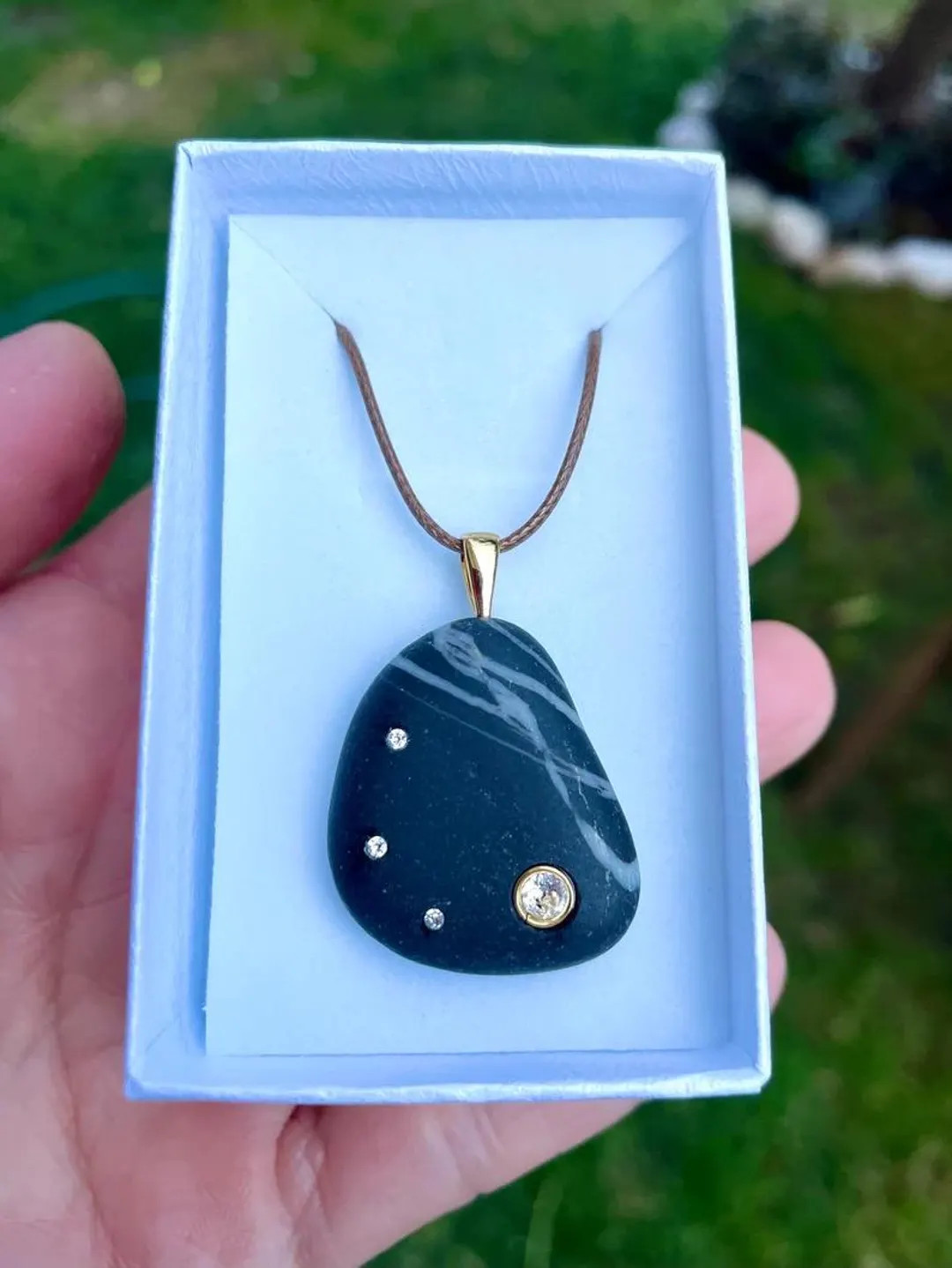 Personalized pebble necklace. Diamond gold stone necklace with Swarosvki brilliants embedded. Bea... | Etsy (US)