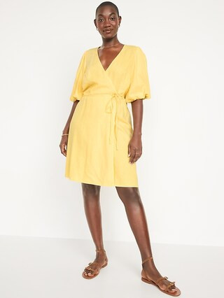 Puff-Sleeve Waist-Defined Mini Wrap Dress for Women | Old Navy (US)