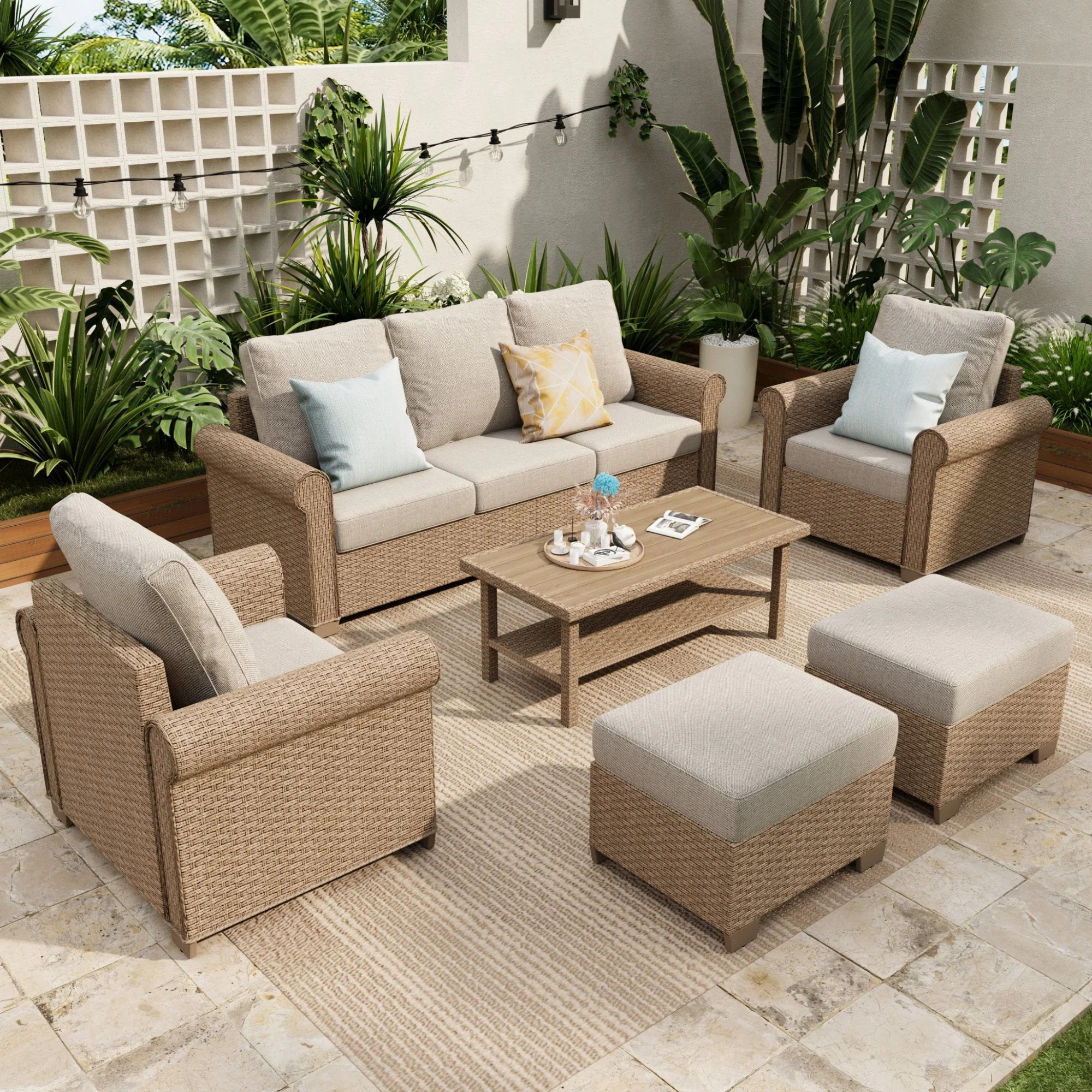 Sophia & William 6 Pieces Wicker Patio Furniture Set 7-Seat Outdoor Cushioned Conversation Set wi... | Walmart (US)