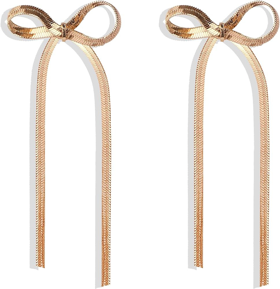 Long Chain Gold Bow Earrings Statement Tassel Earrings Bow Ribbon Stud Earrings Dangle Wedding Pr... | Amazon (US)