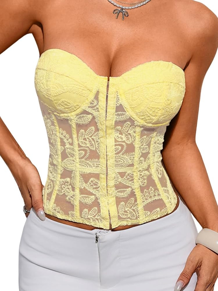 Lace Corset Top For Night Out, Sexy Sheer Floral Corsets Women Fit 00-6, Strapless Bustier Tops D... | Amazon (US)
