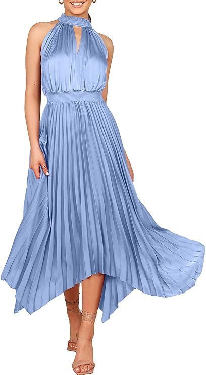 ANRABESS Women's Sleeveless Cutout Halter Neck Satin Formal Dress Smocked Pleated Asymmetric Part... | Amazon (US)