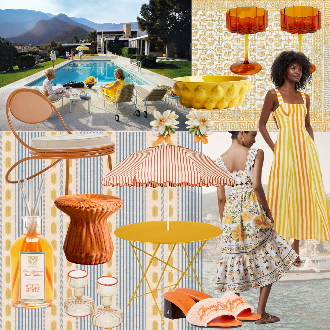 This month’s edit brings citrus to life in both playful and polished ways. A Slim Aarons print sets the tone, effortless, glamorous, and sun-soaked. The blue and yellow striped wallpaper feels like a fresh breeze off the coast, while orange coupe glasses and a lemon bowl add joyful touches to the table. Outdoor pieces in bold citrus tones, chairs, tables, and a striped bistro umbrella, bring instant personality to any patio. And in fashion, citrus shows up in vibrant floral earrings, breezy summer dresses, and slide sandals that feel made for a seaside escape. Whether you're styling a table or a vacation wardrobe, these pieces channel that easy, breezy Amalfi mood - no passport required. 

 #LTKSummerEdit #LTKSeasonal #LTKHome