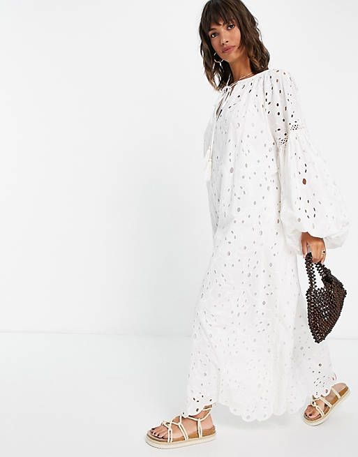 ASOS EDITION eyelet maxi dress with blouson sleeves and tie front | ASOS (Global)