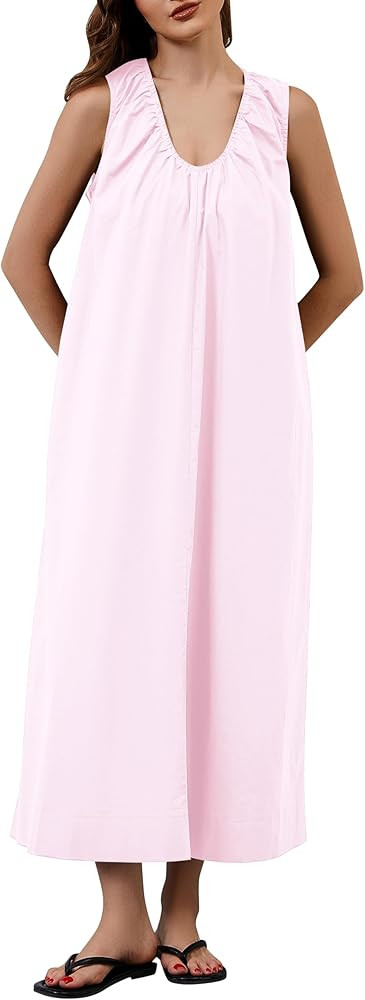Livtany Women's Scoop Neck Ruched Maxi Dress Flowy Swing Wide Straps Long Dress Casual Sleeveless... | Amazon (US)