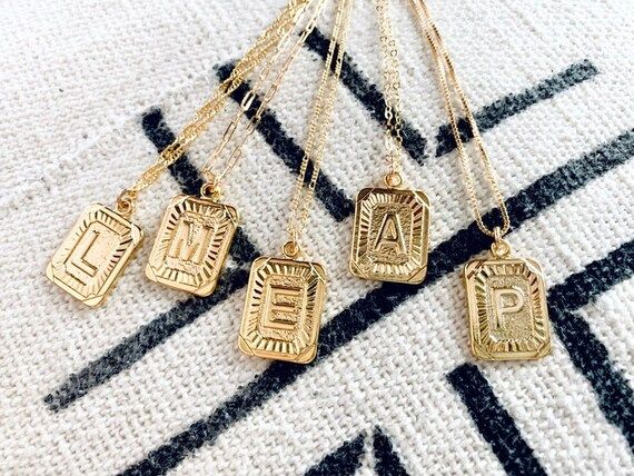 Vintage Inspired Letter Necklace Gold Square Initial Pendant Necklace Square Medallion Letter Cha... | Etsy (US)