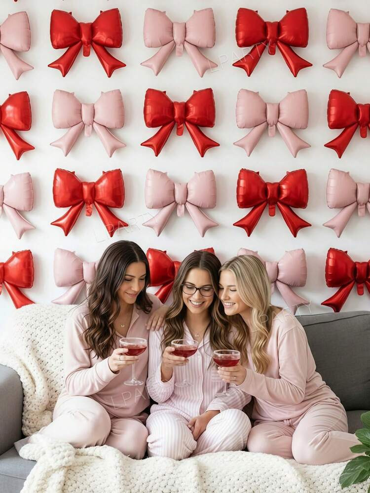 10pcs/Set Bow Decor Balloons, Red And Light Pink, Heart-Shaped Photo Backdrop Balloons For Valentine's Day Party, Suitable For Bachelorette Party, Singles Party, Valentine's Day Family Celebration, Proposal, Anniversary Decoration | SHEIN