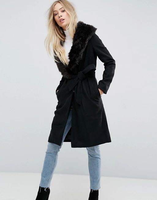 Brave Soul Ada Long Coat With Detachable Faux Fur Collar | ASOS UK