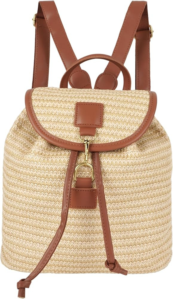 Amazon.com: Meyaus Women Small Straw Woven Backpack Flap Drawstring Bucket Bag, Khaki With Brown Edge : Clothing, Shoes & Jewelry | Amazon (US)