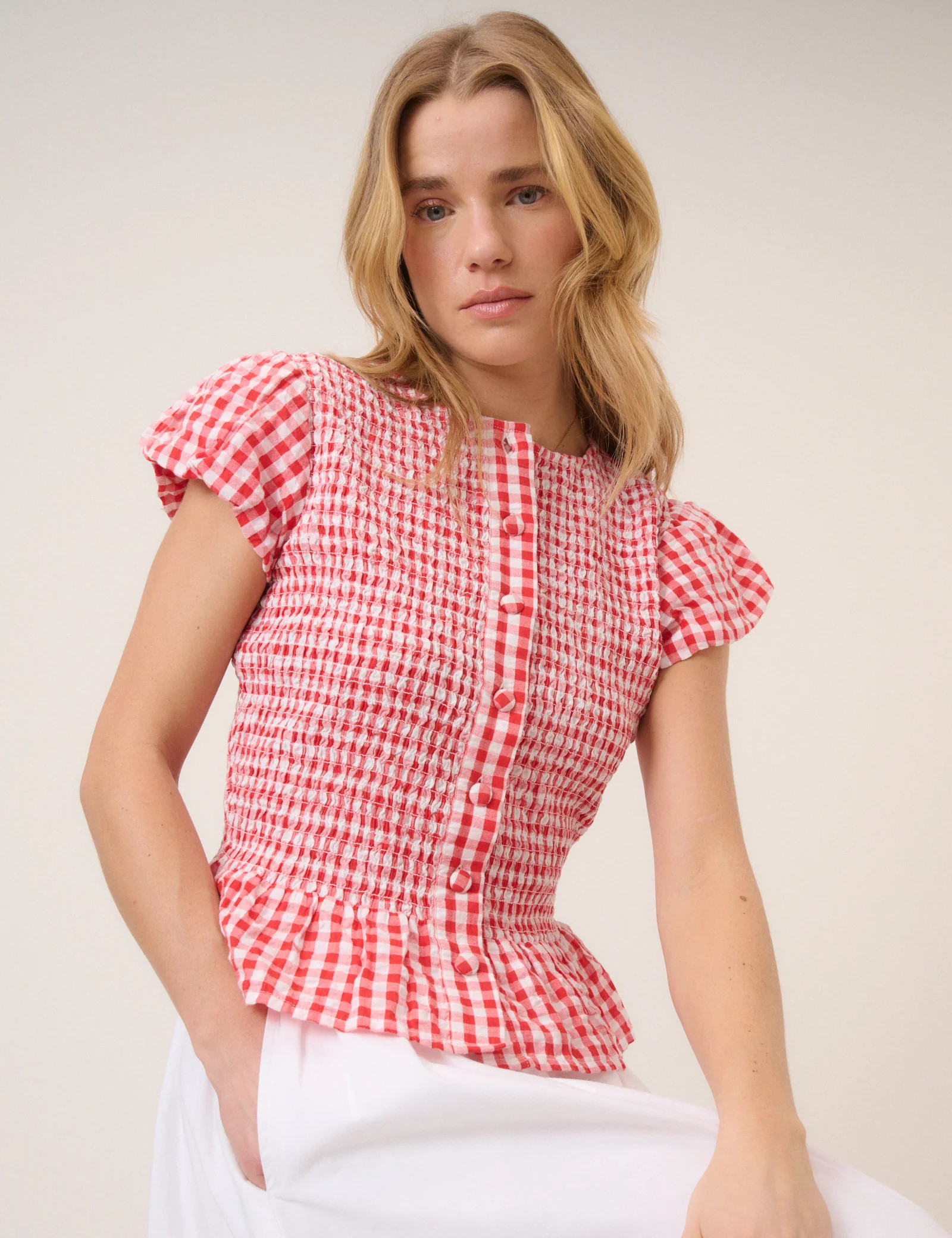 Red Gingham Puff Sleeve Blouse | Nobody's Child
