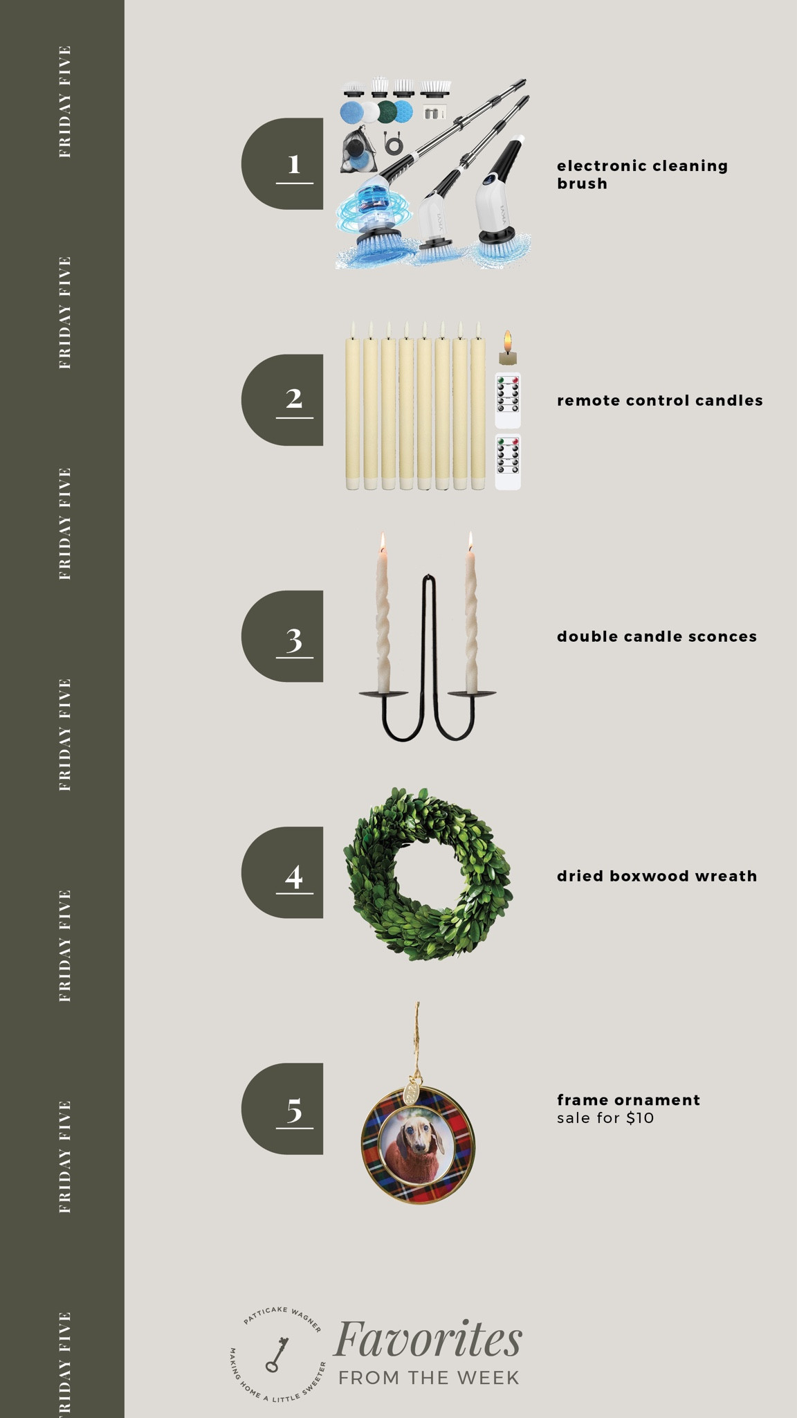 Friday Five: favorites from last week. el electric cleaning brush, remote control candles, wall sconce, dried boxwood wreath, plaid frame ornament  

#LTKfindsunder100 #LTKhome #LTKstyletip