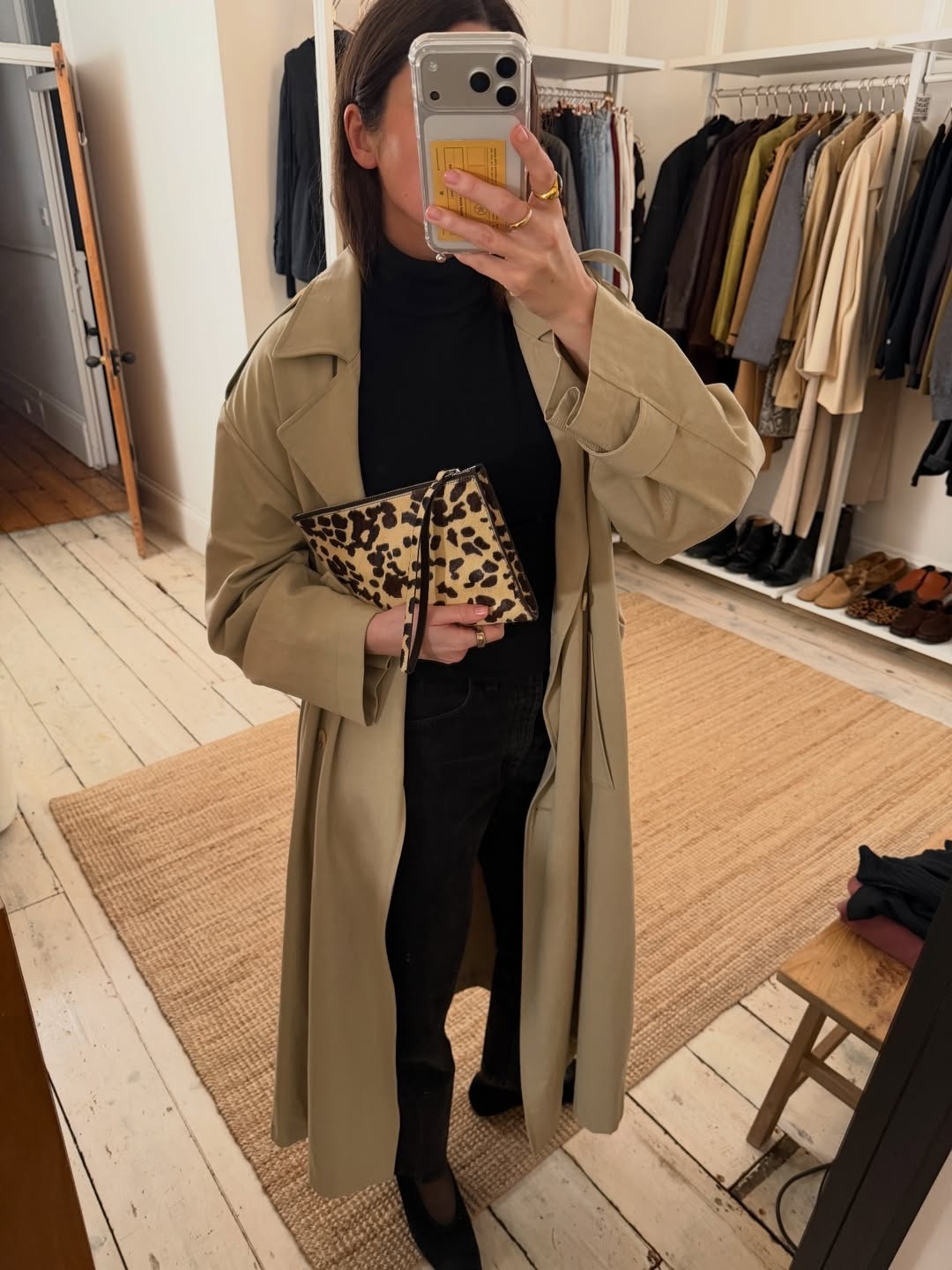 Rue Sophie trench coat, all black look underneath, ballet flats and Cos leopard print clutch bag

#LTKstyletip #LTKspring
