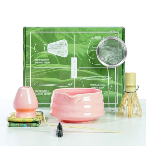 Matcha Set, Matcha Whisk Set, Matcha Bowl with Spout and Whisk, Matcha Scoop, Sifter, Spoon holder, Tea Towel, Chasen Holder - 7pcs Perfect Matcha Kit for Matcha Tea Ceremony (Pink) | Amazon (US)