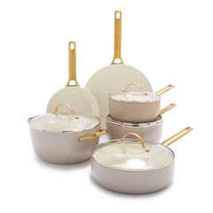 Reserve Ceramic Nonstick 10-Piece Cookware Set | Taupe with Gold-Tone Handles | GreenPan