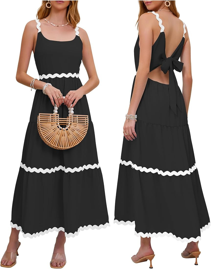 Women Summer Dresses Spaghetti Straps Sleeveless Backless Flowy A Line Maxi Sundress Smocked Beac... | Amazon (US)