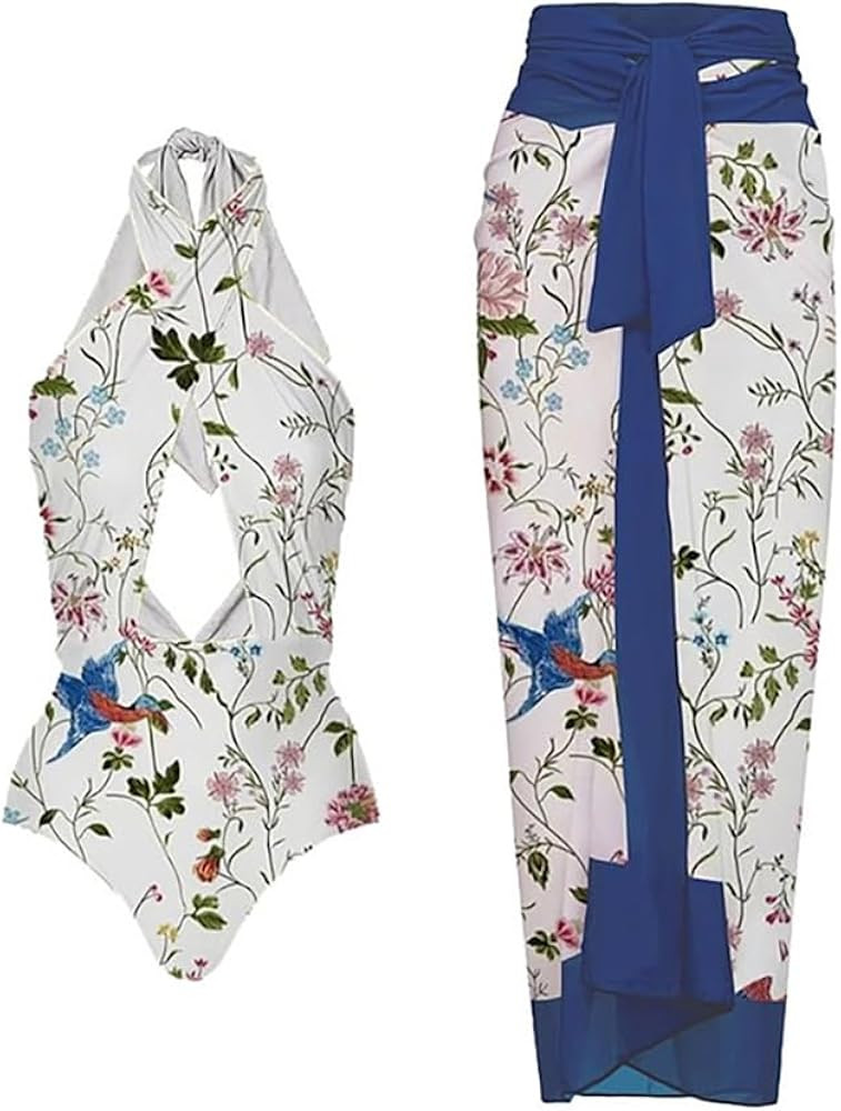 One Piece Swimsuit Women with Cover Up Floral Print Swimwear Set Vacation Outfits Bathing Suits | Amazon (US)