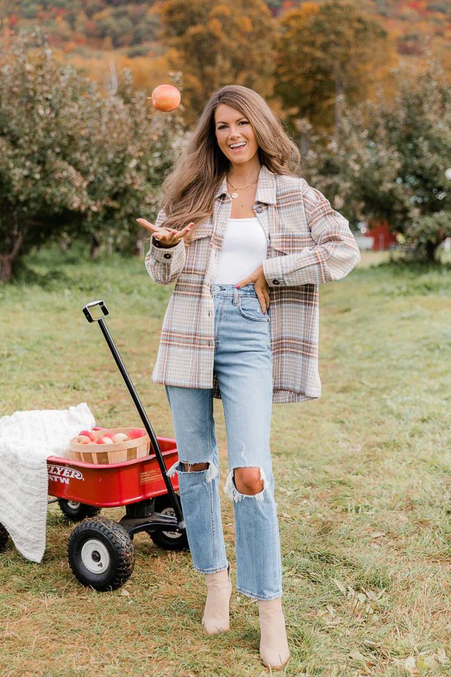 CAITLIN COVINGTON X PINK LILY The Chloe Oversized Beige Plaid Shacket | The Pink Lily Boutique