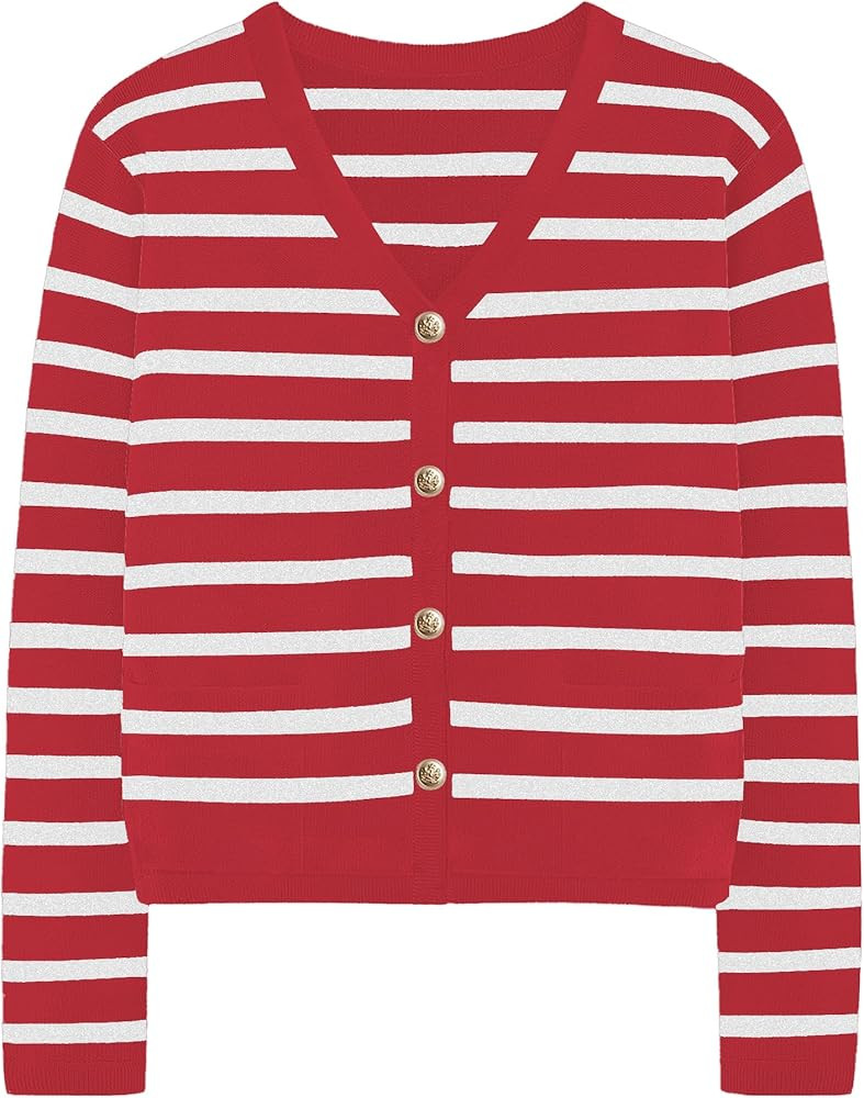 Women's Striped Cardigan Sweaters - Long Sleeve Button Down V Neck Knit Cardigans Classic Casual ... | Amazon (US)