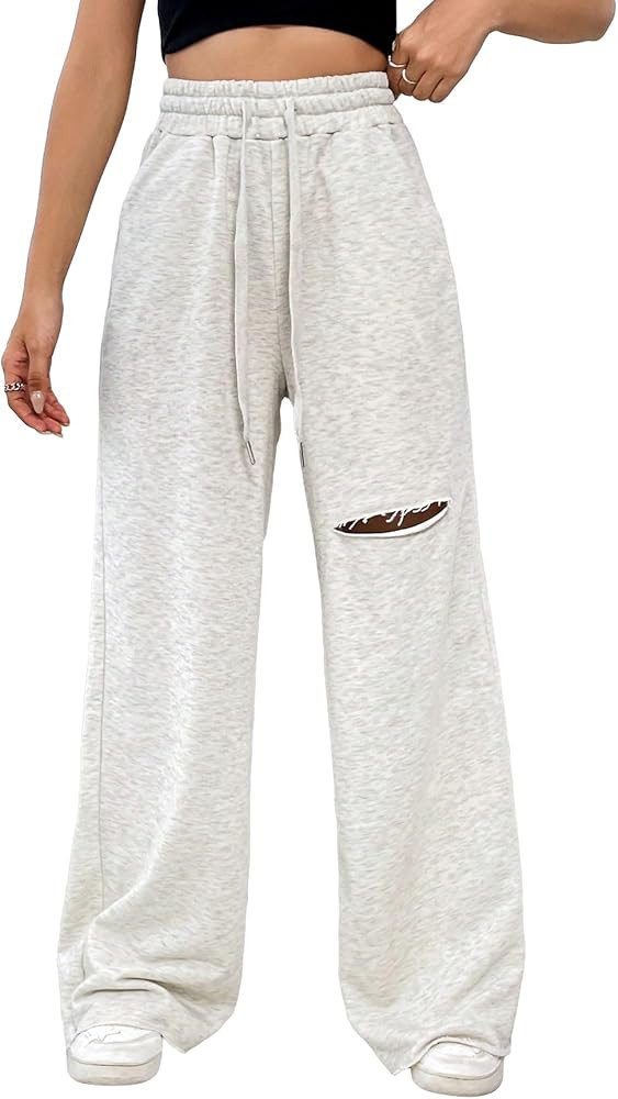 SweatyRocks Women's Ripped Drawstring High Waist Baggy Straight Leg Joggers Sweatpants with Pocke... | Amazon (US)
